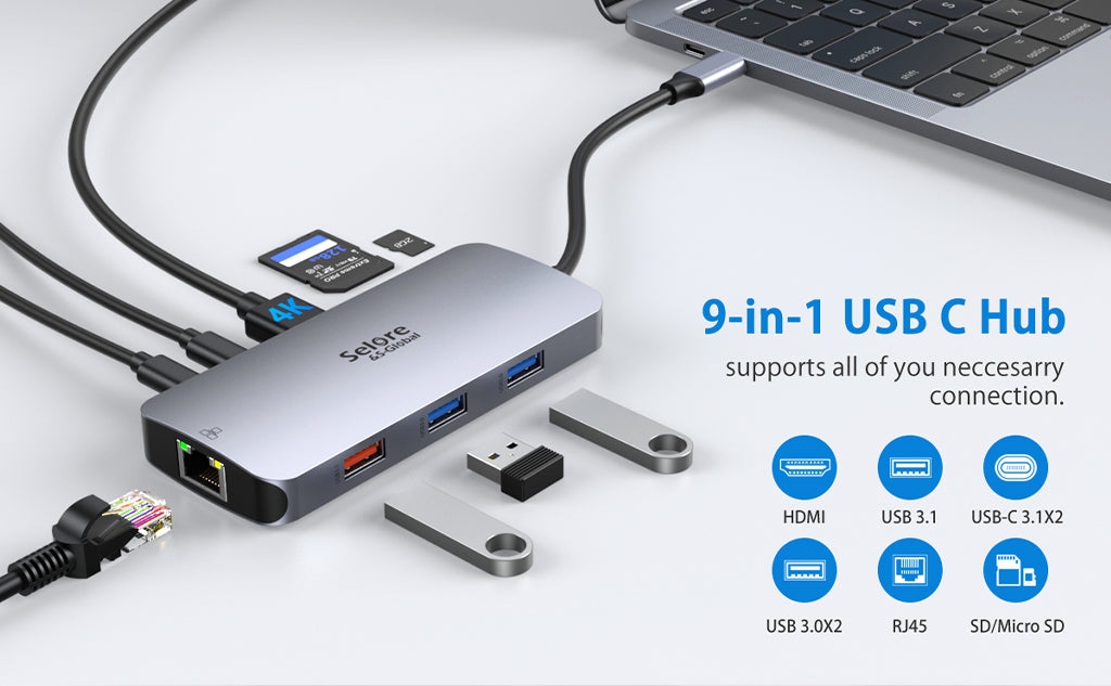 Selore Docking Station 9 IN 1 with Dual USB C 3.1