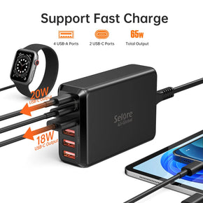 Selore 65W 6 Port Multiple USB Charging hub Fast USB C Charger Block