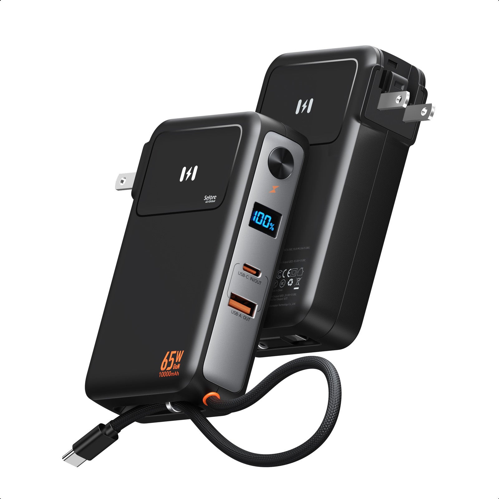 Selore 10,000mAh PD35W Power Bank with 65W GaN Wall Charger & Built-in USB-C Cable