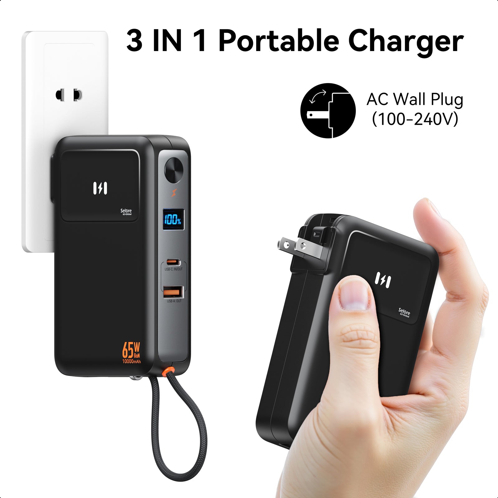 Selore 10,000mAh PD35W Power Bank with 65W GaN Wall Charger & Built-in USB-C Cable