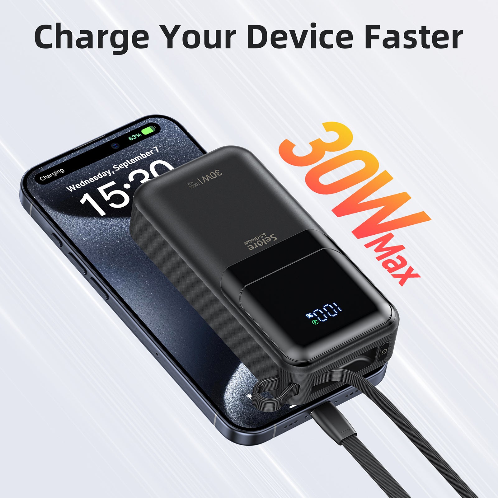 Selore PD 30W Portable iPhone Power Bank with Built in USB C & Lightning Cable