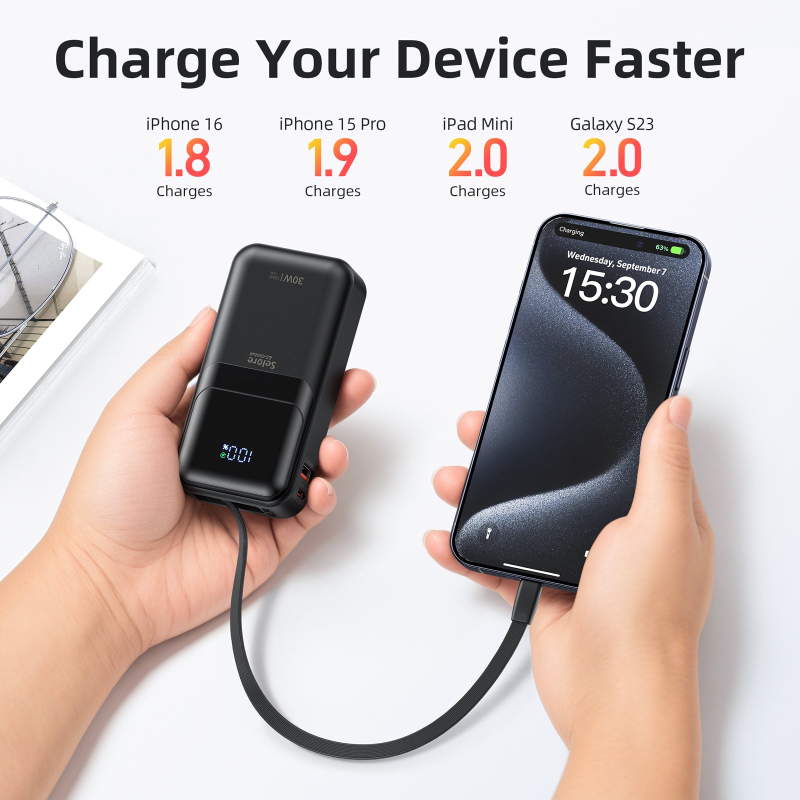 Selore PD 30W Portable iPhone Power Bank with Built in USB C & Lightning Cable