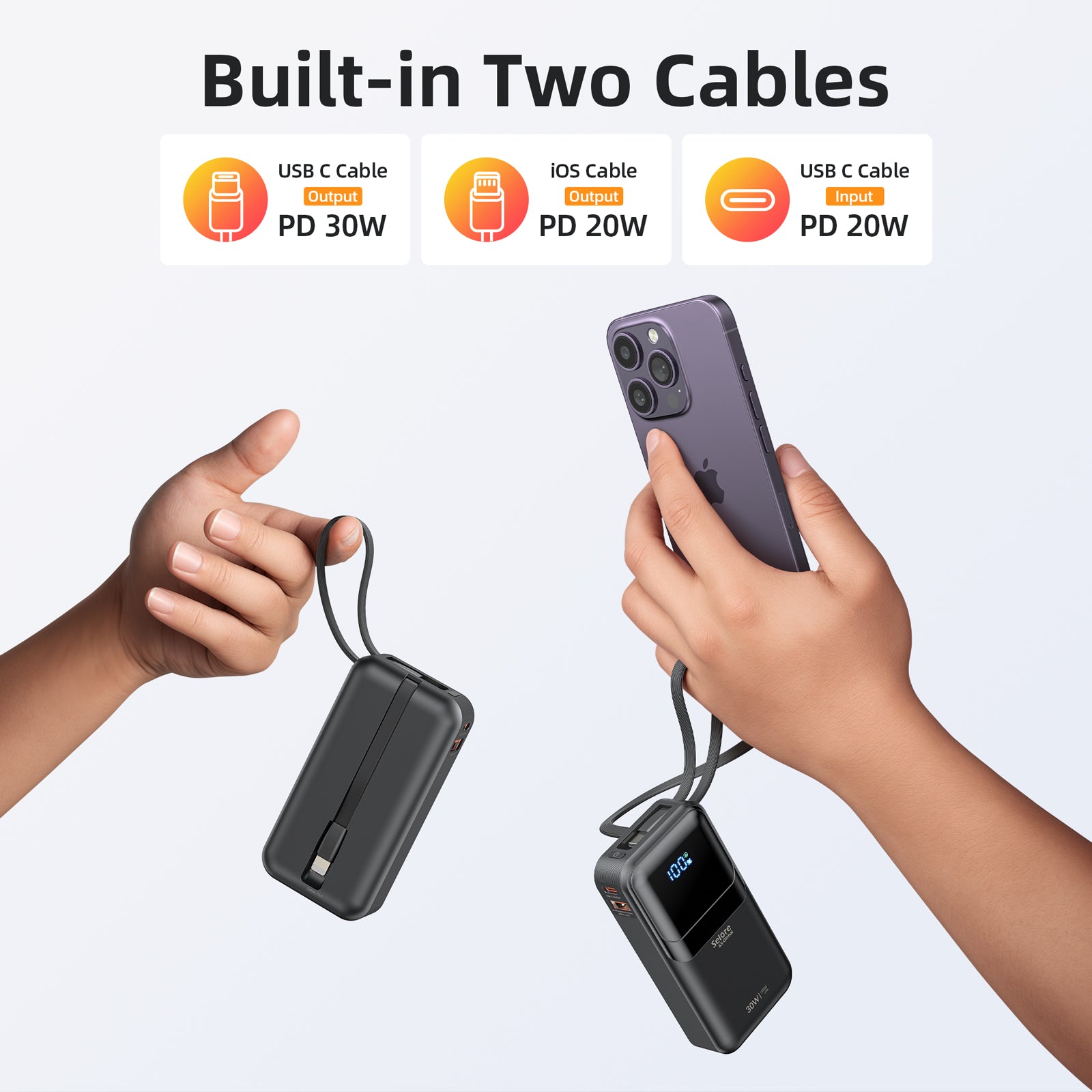 Selore PD 30W Portable iPhone Power Bank with Built in USB C & Lightning Cable