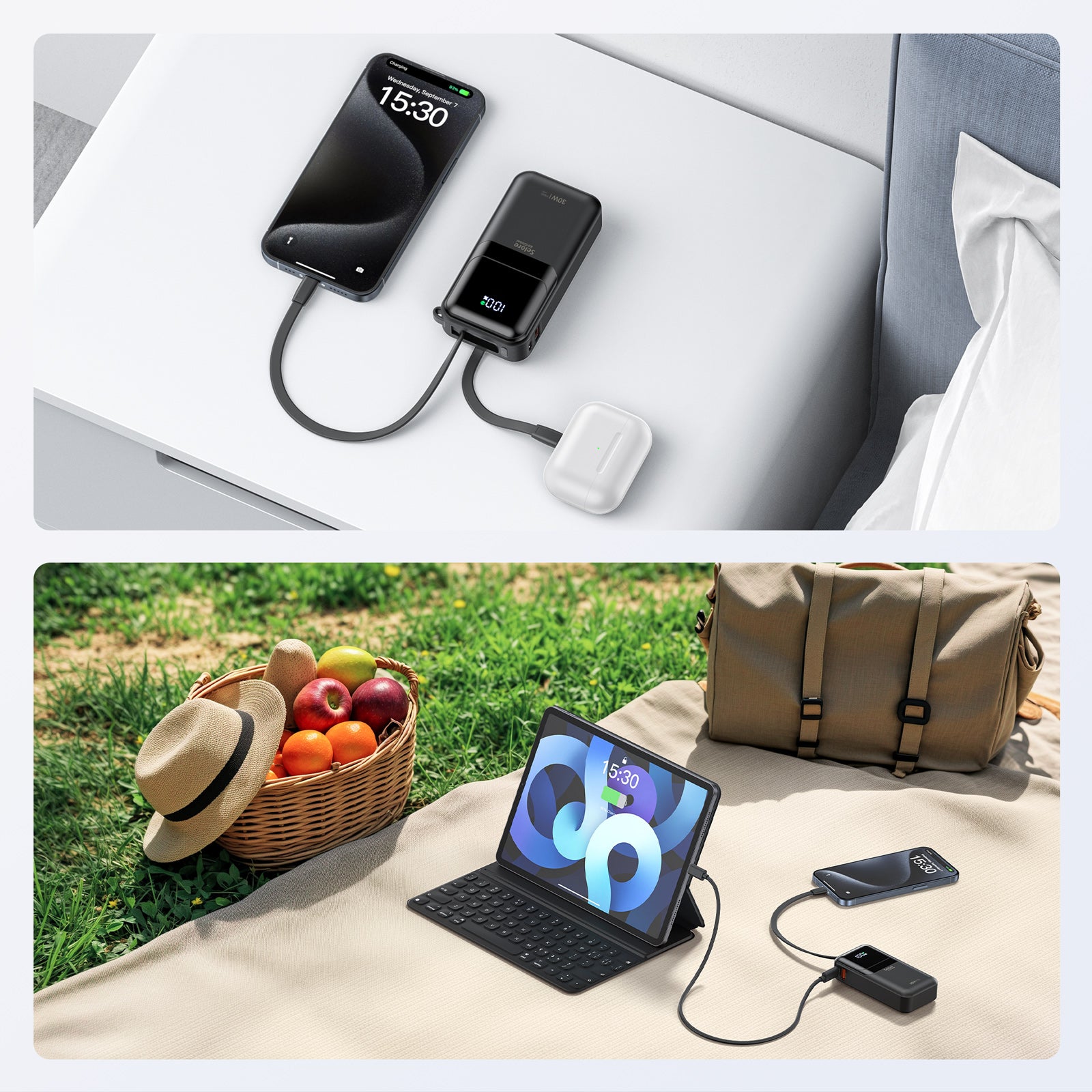 Selore PD 30W Portable iPhone Power Bank with Built in USB C & Lightning Cable