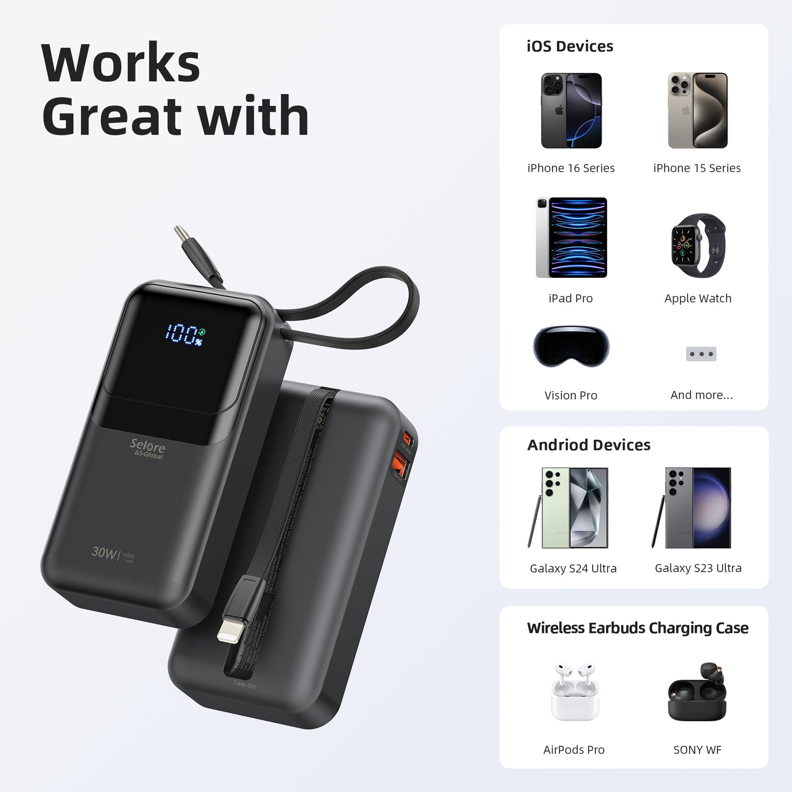 Selore PD 30W Portable iPhone Power Bank with Built in USB C & Lightning Cable