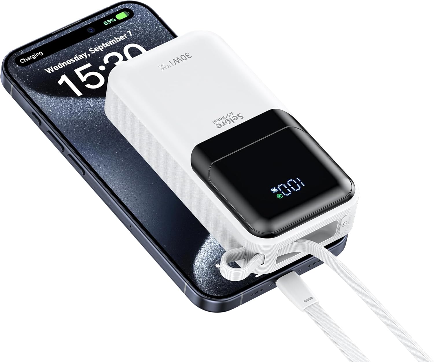 Selore PD 30W Portable iPhone Power Bank with Built in USB C & Lightning Cable
